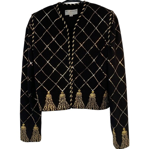 VTG St John Evening Black & Gold Bead Crop Cardigan Size 6 RAA10413 EUC - Picture 9 of 9